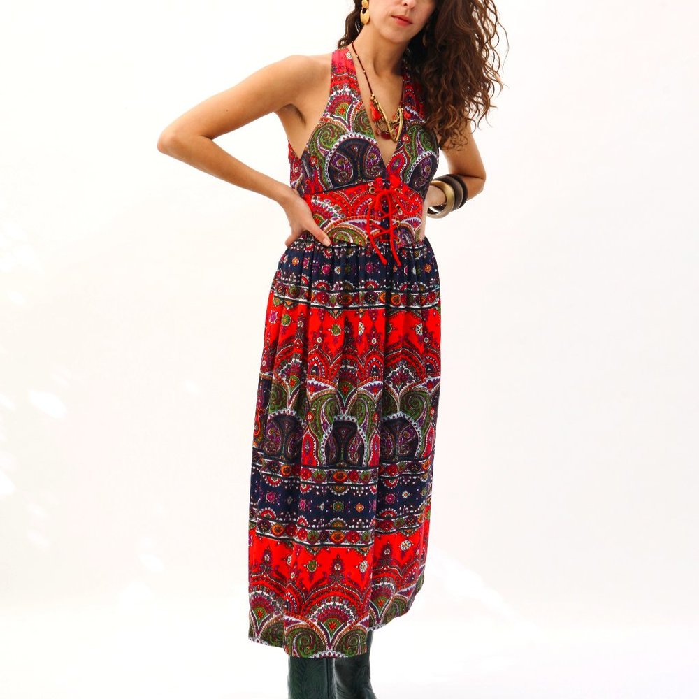 Sexy Vintage 1970's Red Paisley Halter Dress